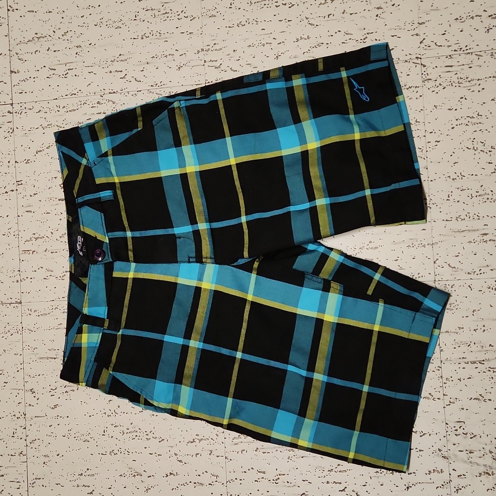 Alpine Stars Flannel Pattern Embroidered Logo Shorts Blue, Black & Yellow